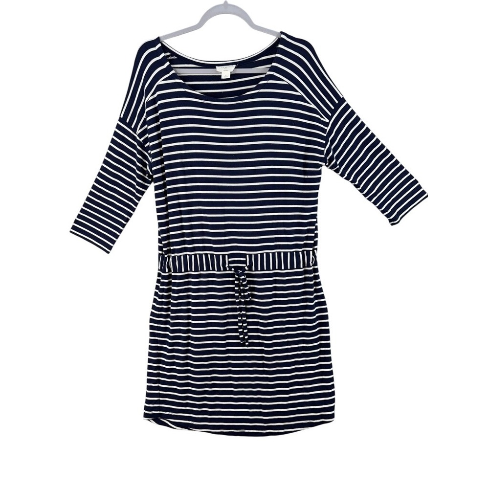 Loft Outlet Lounge Dress Womens Large Navy‎ White Striped Drawstring 3/4 Sleeve